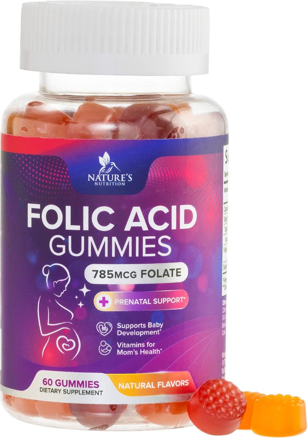 Gominolas de Ácido Fólico para Mujeres - Folato 785 mcg - Vitaminas Prenatales - 60 Gominolas
