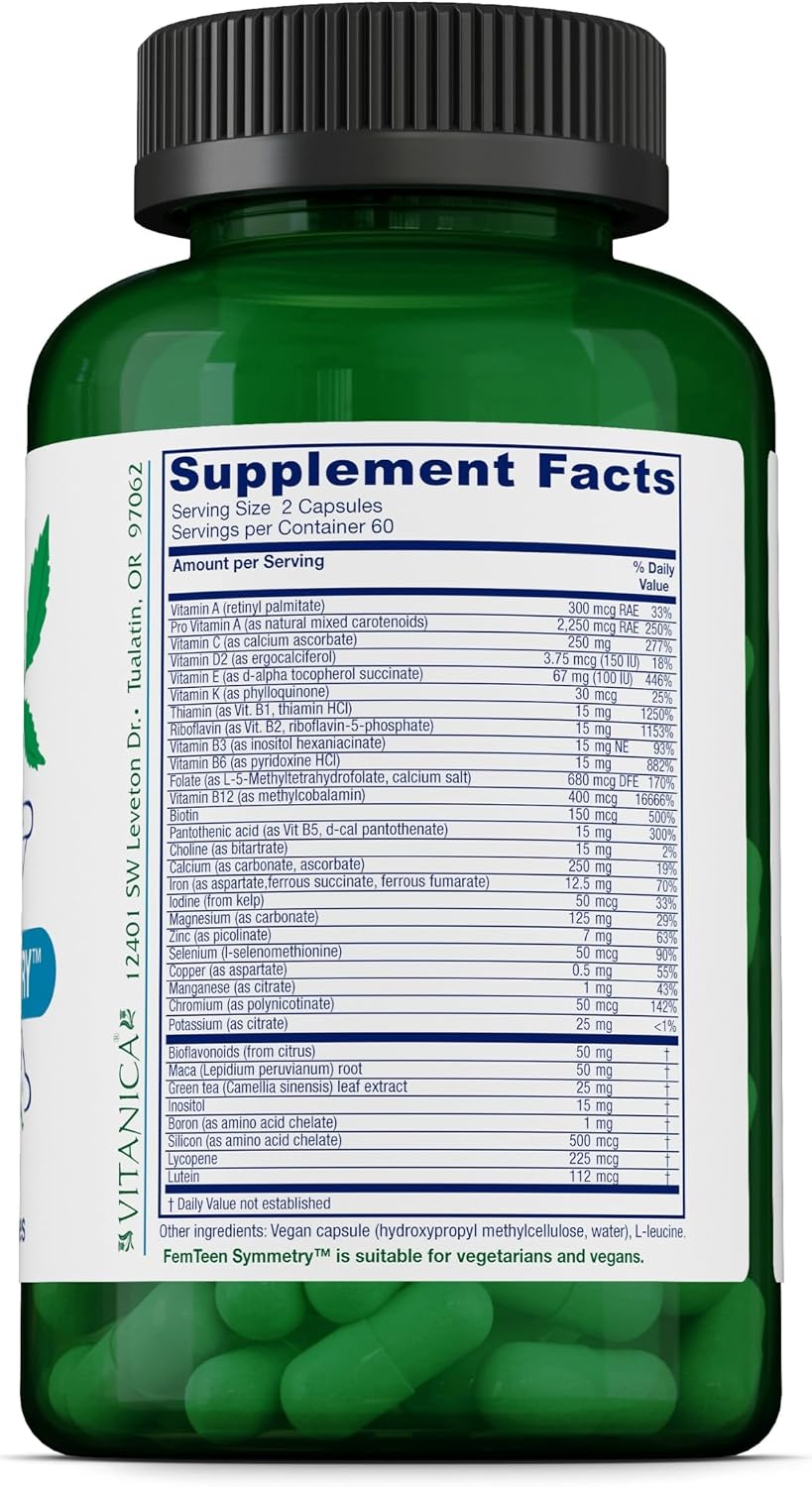 Vitanica FemTeen Symmetry: Multivitamínico para Adolescentes, Vegano, 120 Cápsulas