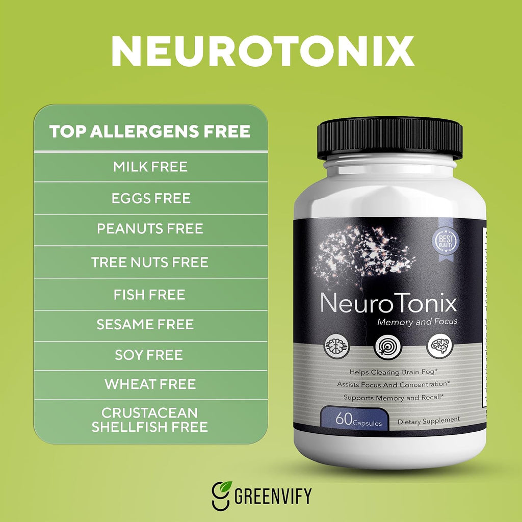 NeuroTonix Brain Support Supplement, Clear Brain Fog and Cognitive Booster, 60 Cápsulas Naturales