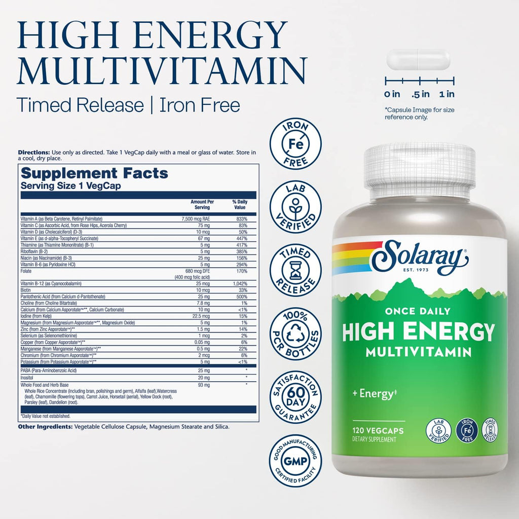 SOLARAY High Energy Multivitamin – Sin Hierro, 1 al Día, Liberación Prolongada, Base de Alimentos Integrales y Hierbas, 120 Cápsulas Veganas
