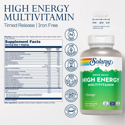 SOLARAY High Energy Multivitamin – Sin Hierro, 1 al Día, Liberación Prolongada, Base de Alimentos Integrales y Hierbas, 120 – Image 2