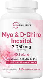 Myo-Inositol & D-Chiro Inositol 2,050mg | 240 Veggie Capsules + Vitamin C, Folate, DIM, & CoQ10 | Inositol Supplement for Women | 40:1 Ratio | Filler Free