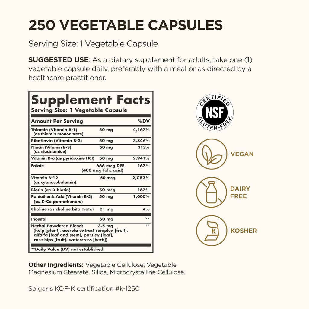 Solgar B-Complex 50 – Complejo B de Vitaminas, 250 Cápsulas Vegetales
