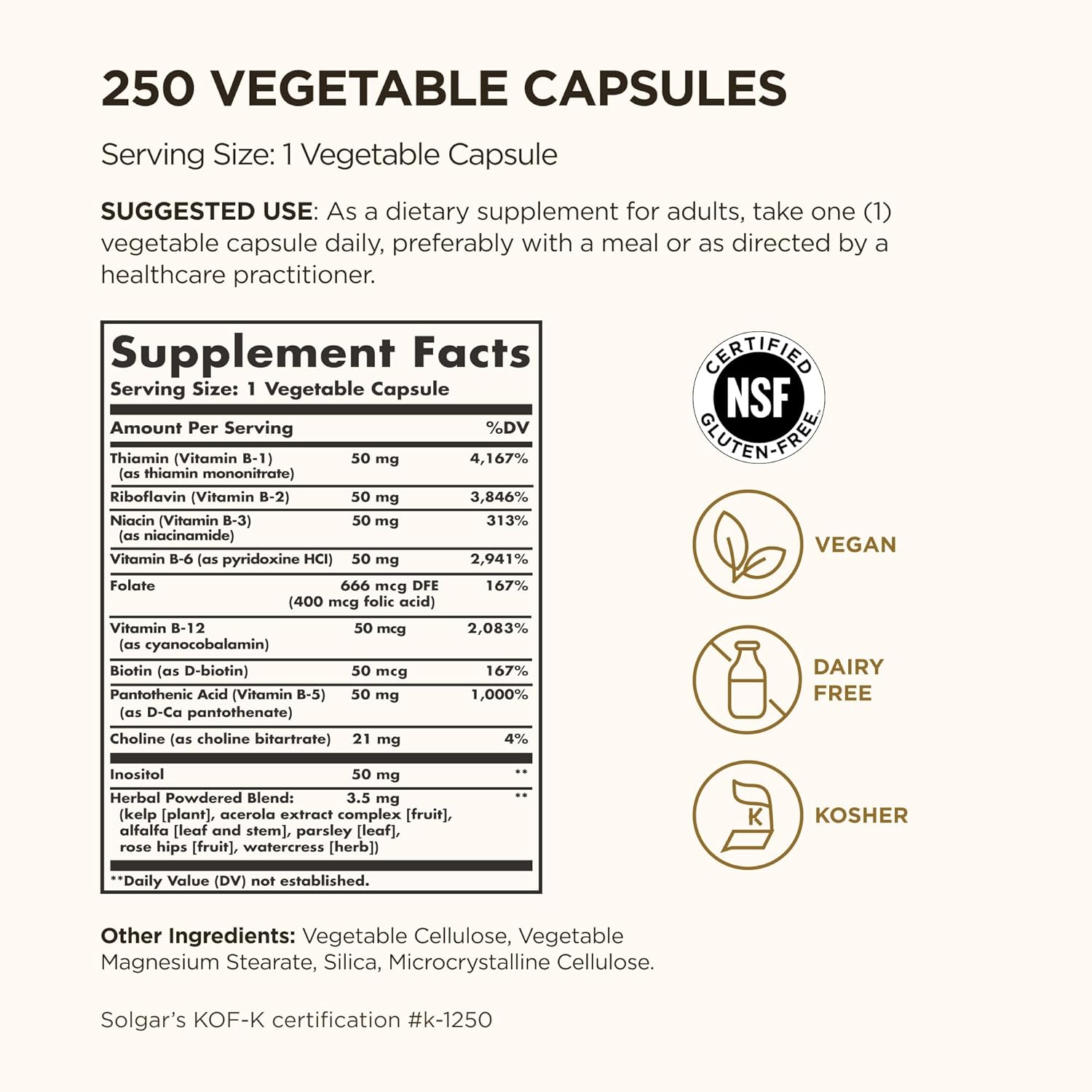 Solgar B-Complex 50 – Complejo B de Vitaminas, 250 Cápsulas Vegetales