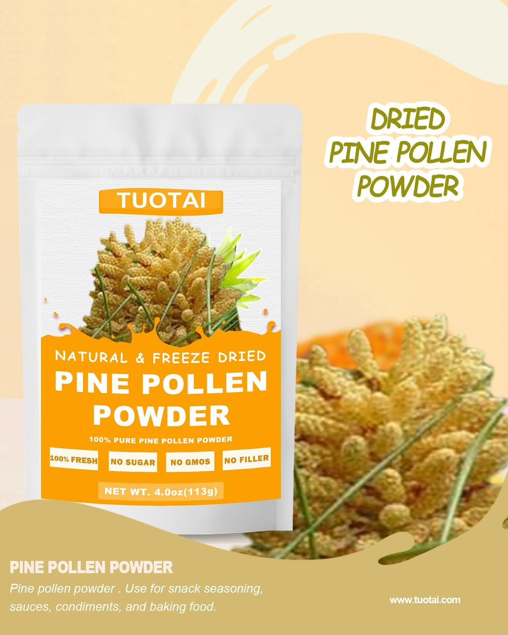 Polen de Pino Premium en Polvo, 100% Natural, Sin OGM, Vegano