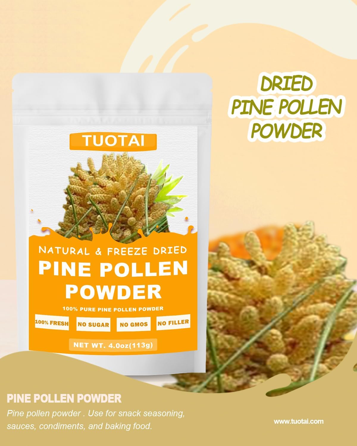 Polen de Pino Premium en Polvo, 100% Natural, Sin OGM, Vegano