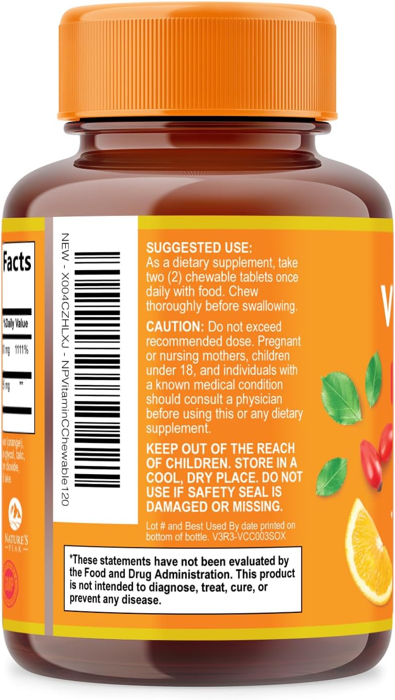 Nature's Peak Vitamina C 1000 mg con Rosa Mosqueta - 120 Comprimidos Masticables Sabor Naranja - Sin Azúcar