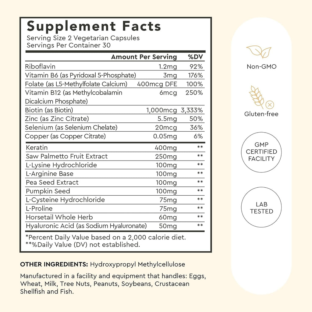 Alaya Hair Essentials - Suplemento Capilar con Biotina, Queratina, Folato, Vitamina B12, B6 - Probado en Laboratorio - Sin Gluten - 30 Días