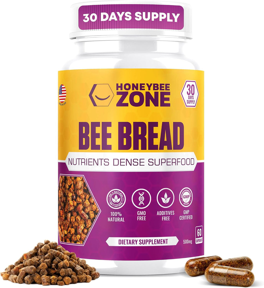 Cápsulas de Pan de Abeja HONEYBEEZONE – Superalimento Rico en Nutrientes para Energía y Apoyo Inmunológico | Sin OGM, Sin Gluten, 60 Cápsulas Vegetales