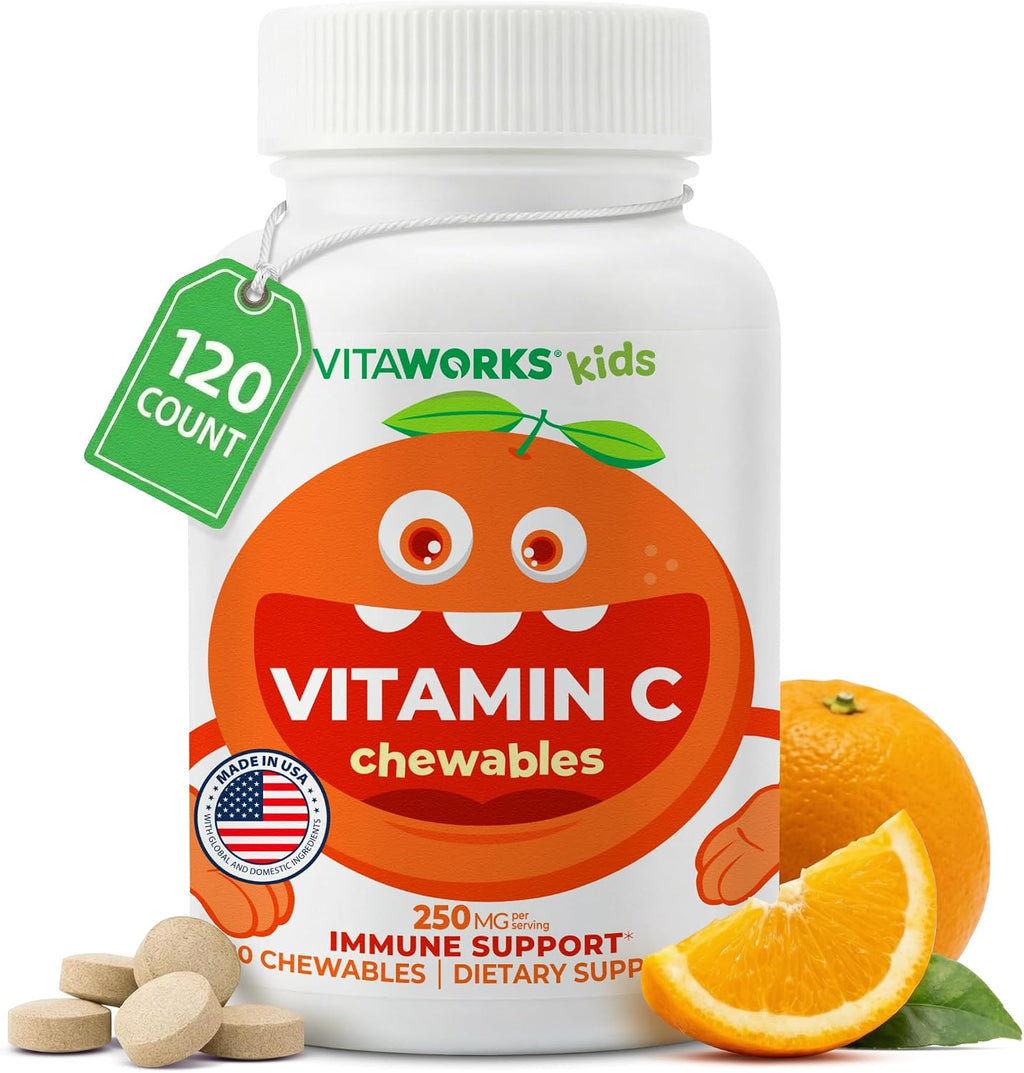 VitaWorks Vitamina C Masticable para Niños | 250 mg | Sabor Naranja Natural | Vegano, Sin Gluten | 120 Comprimidos