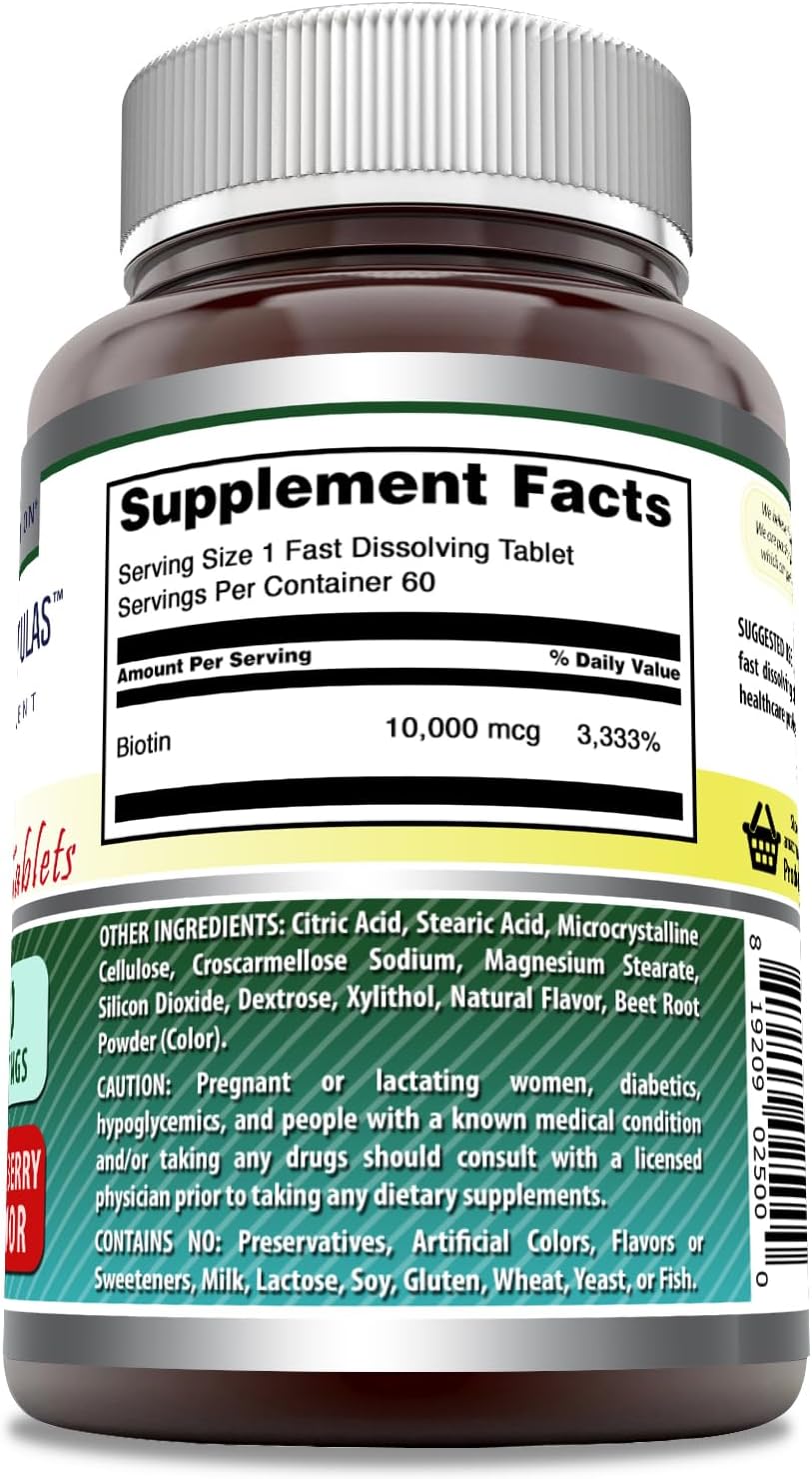Amazing Formulas Biotina 10,000 mcg – Comprimidos de Disolución Rápida Sabor Fresa, 60 Unidades