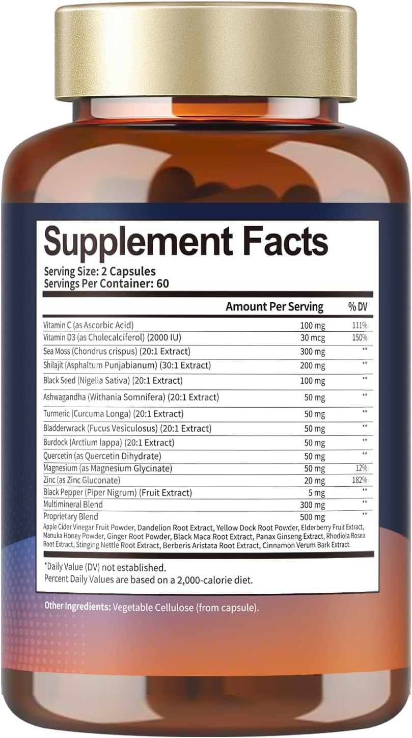 Suplemento 25-en-1 de Musgo de Mar, Aceite de Semilla Negra, Ashwagandha, Jengibre y Shilajit - 120 Cápsulas Veganas