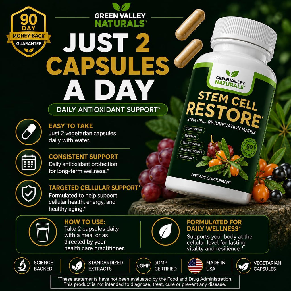 Stem Cell Restore | Complejo Antioxidante Celular con CyanthOx™ 30, Espino Amarillo, Semilla de Uva y Resveratrol | 60 Cápsulas Vegetarianas