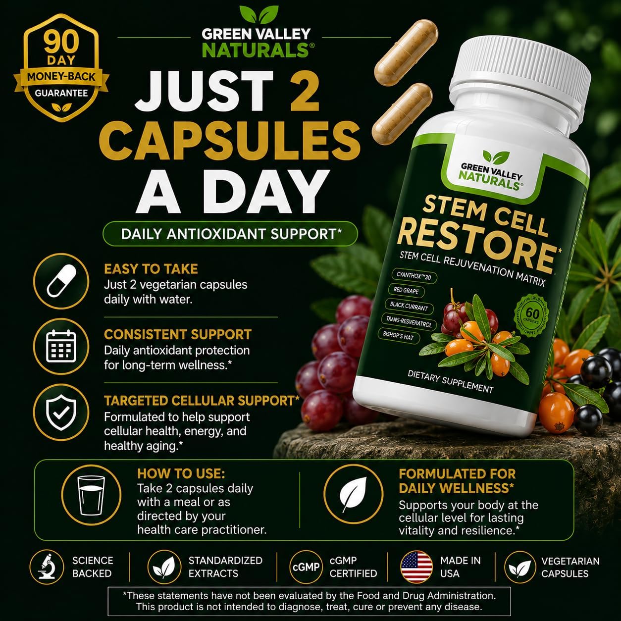 Stem Cell Restore | Complejo Antioxidante Celular con CyanthOx™ 30, Espino Amarillo, Semilla de Uva y Resveratrol | 60 Cápsulas Vegetarianas