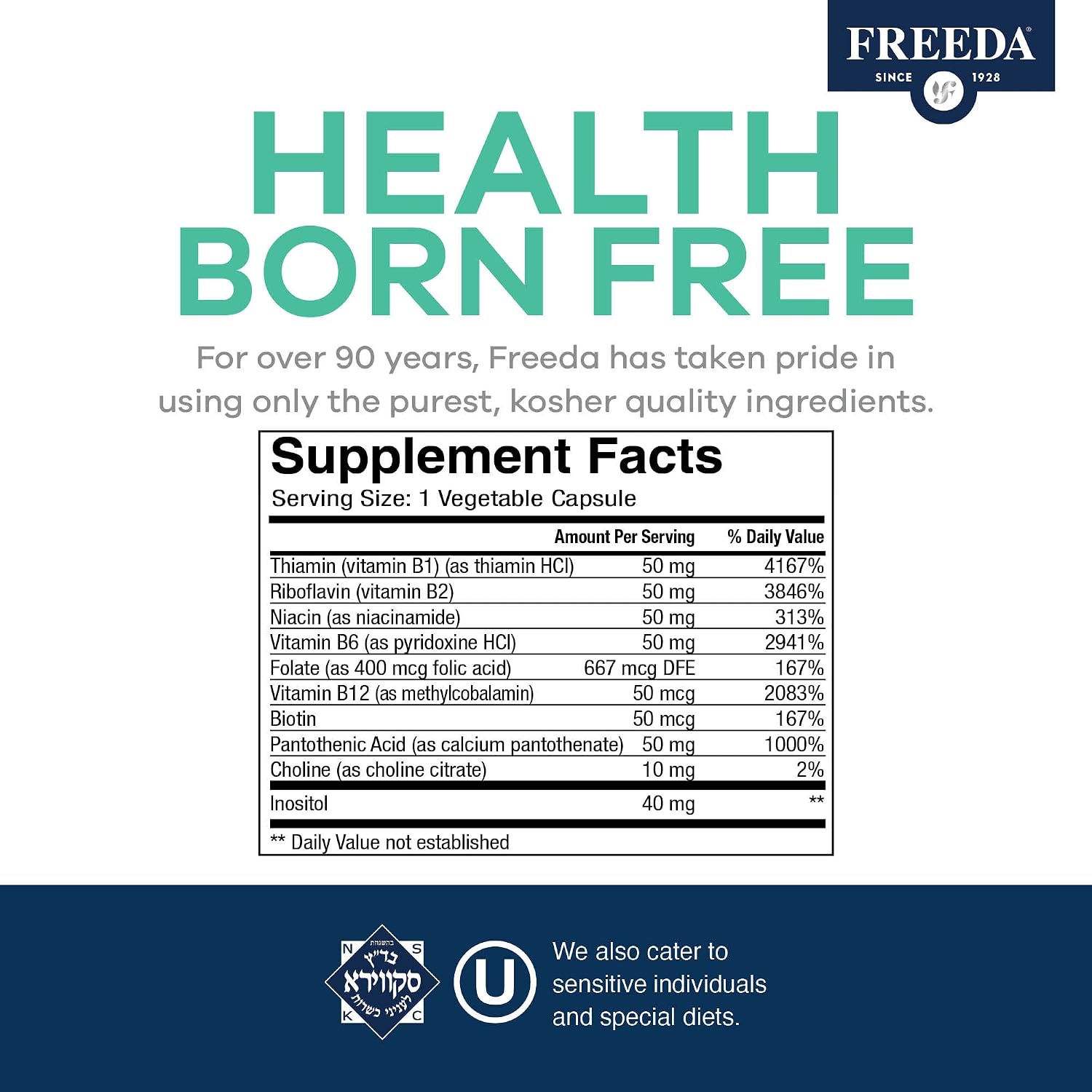 FREEDA Vitamin B-50 Complex – Super Quints B-Complex con B1, B2, B3, B5, B6, Biotina, Folato, B12, Colina e Inositol – 100 Cápsulas Veganas