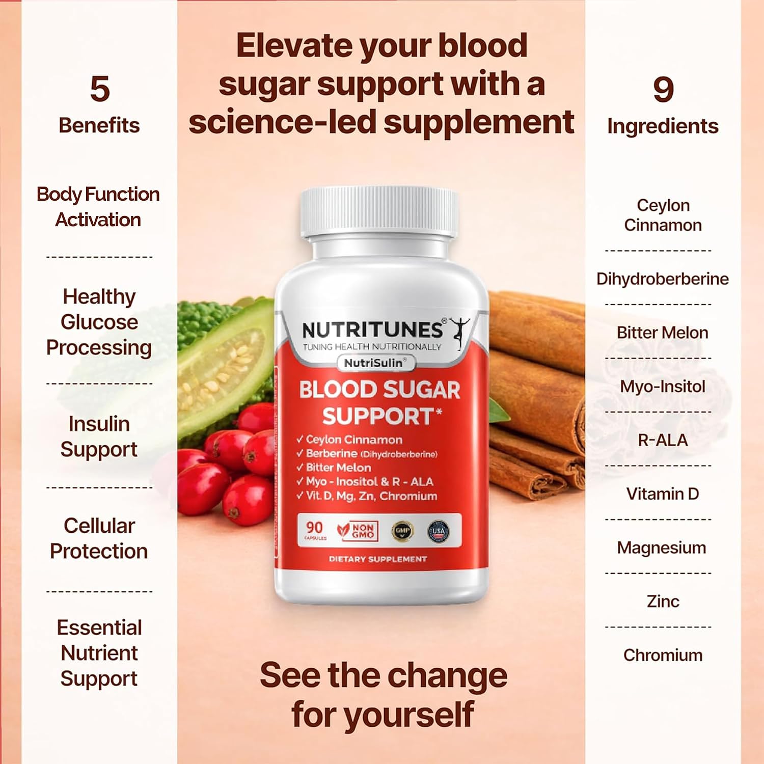 NutriSulin – Complemento de Canela de Ceilán y Berberina (Dihidroberberina) con Complejo de Azúcar en Sangre: Myo-Inositol, Melón Amargo, R-ALA, Vitamina D, Cromo, Magnesio y Zinc – 90 Cápsulas