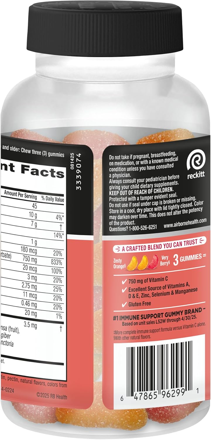 Airborne Gomitas de Apoyo Inmune, Sabor a Frutas Variadas, 63 unidades - 750 mg de Vitamina C con Vitaminas A, D, E, Zinc, Selenio y Manganeso