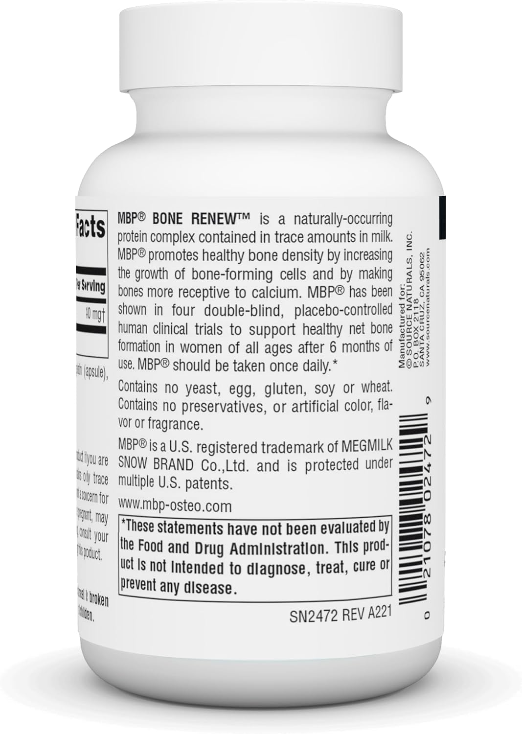 Source Naturals MBP Bone Renew – Proteína de leche para densidad ósea – 60 Cápsulas
