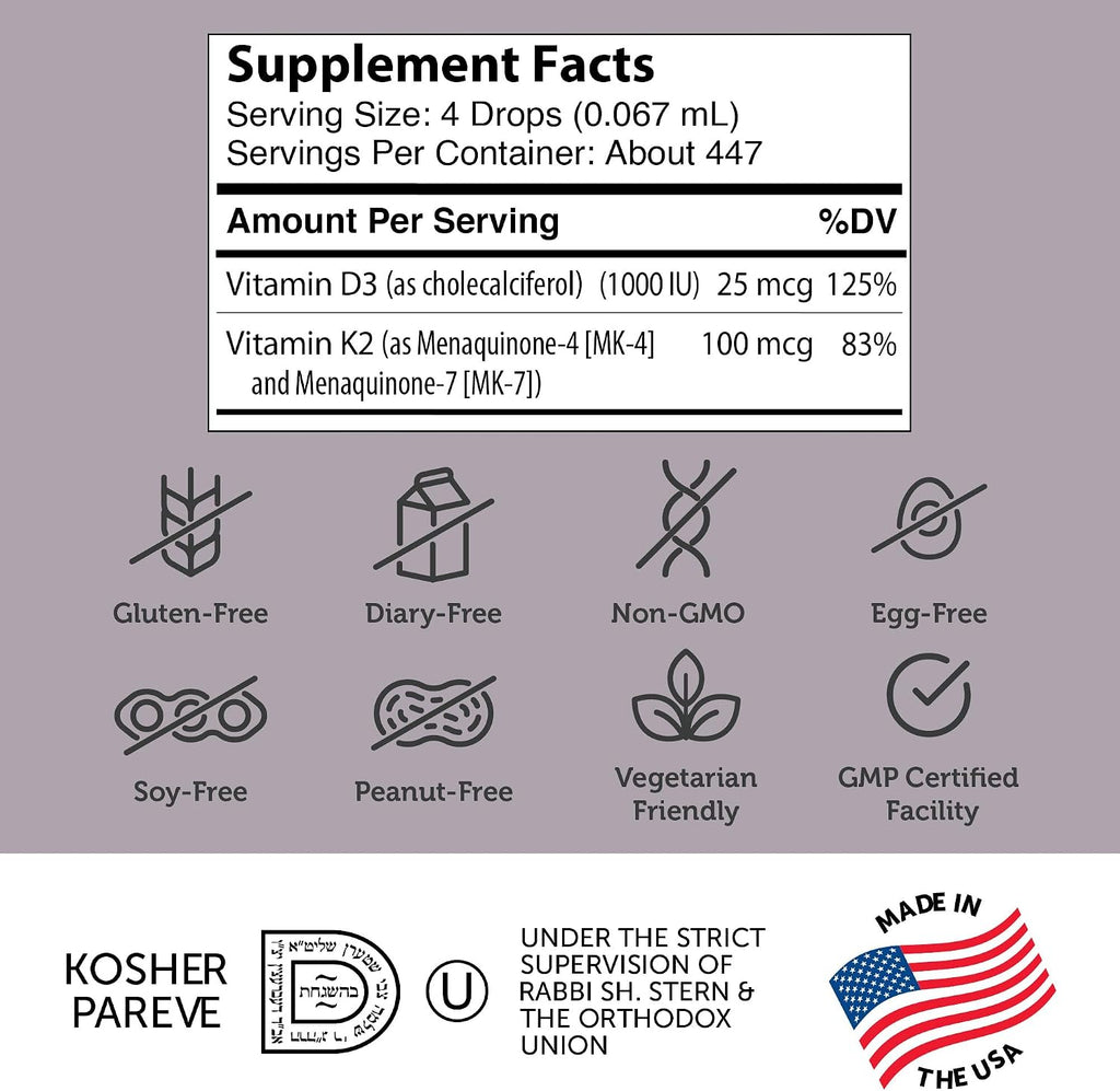 Zahler Vitamina D3 K2 Gotas, 1000 UI D3 + 1000 mcg K2 por ración, 30 ml