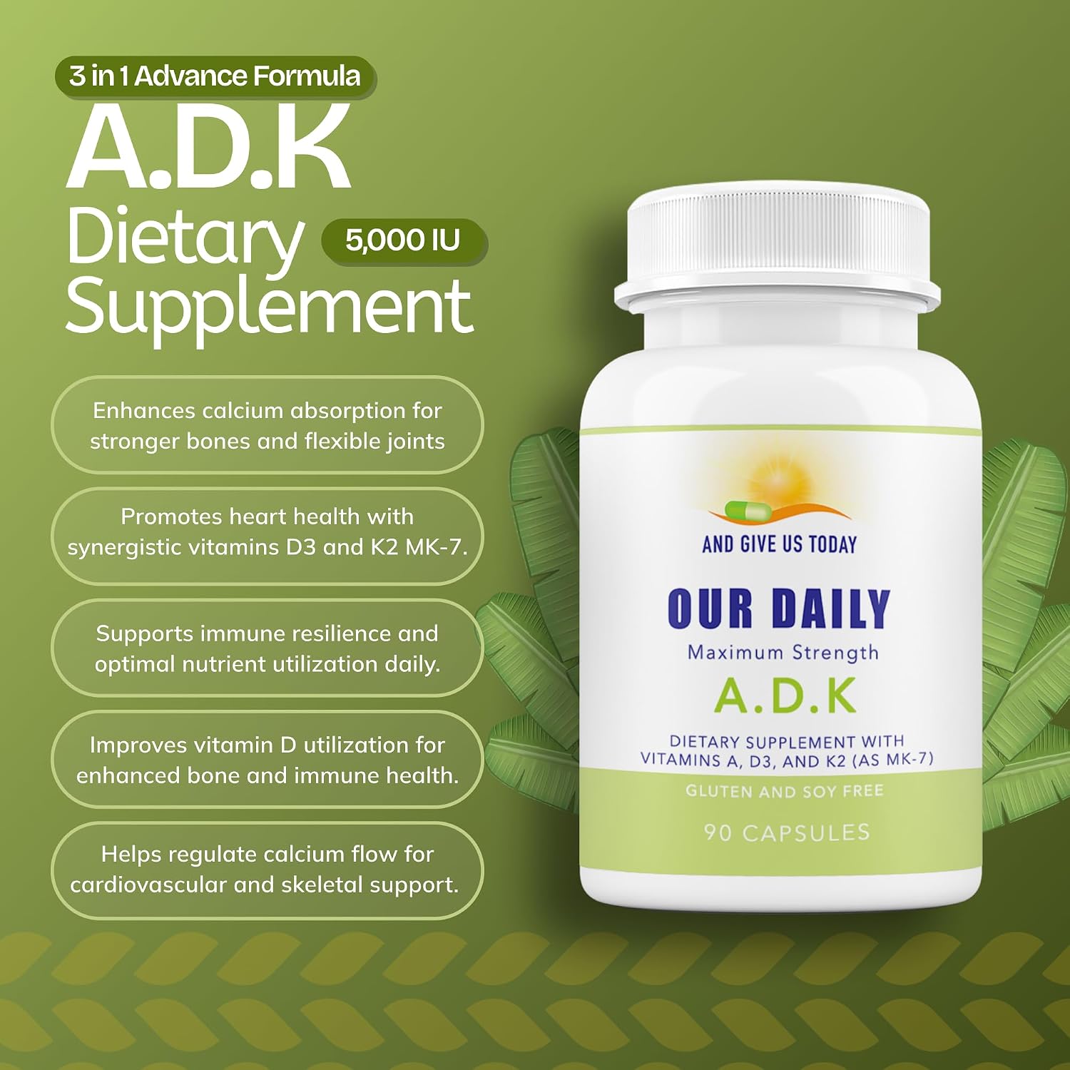 Daily Vites ADK - Vitamina A, D3 y K2 MK-7 - 5000 UI - 180 Cápsulas