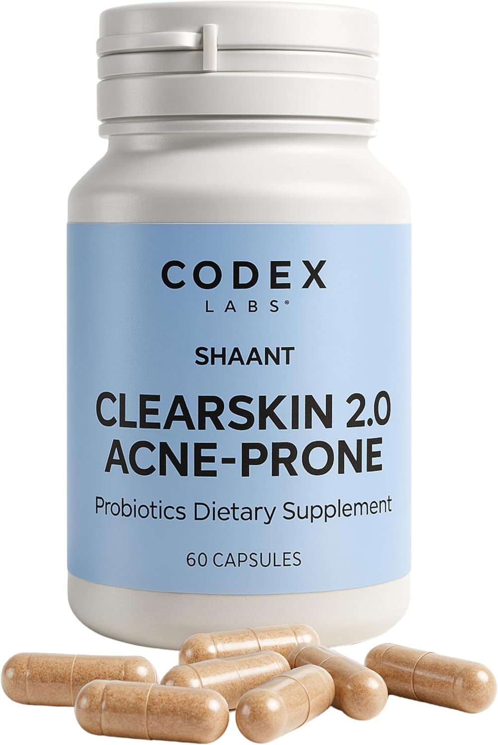 Codex Labs Shaant Clear Skin Supplement – 60 Cápsulas Veganas | Mezcla probiótica de 9 cepas con EGCG de té verde y guggul, apoyo diario para piel propensa al acné