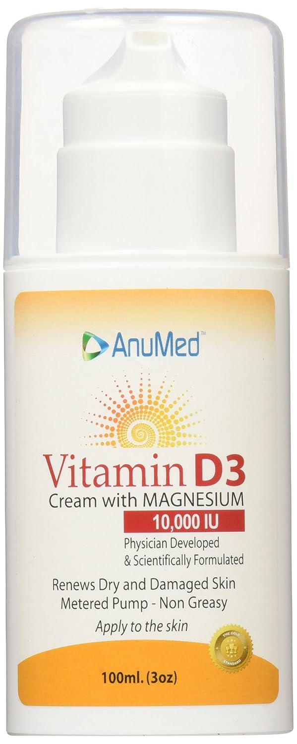 ANUMED - Crema de Vitamina D3 10000 UI con Magnesio + Ácido Hialurónico + Vitamina E para el Cuidado de la Piel Bella y Saludable. Ayuda a Mantener Huesos, Músculos, Articulaciones, Corazón y Sistema Inmunológico Saludables, No Grasa (85 g)
