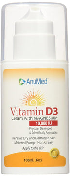 ANUMED - Crema de Vitamina D3 10000 UI con Magnesio + Ácido Hialurónico + Vitamina E para el Cuidado de la Piel Bella y Saludable. Ayuda a Mantener Huesos, Músculos, Articulaciones, Corazón y Sistema Inmunológico Saludables, No Grasa (85 g)