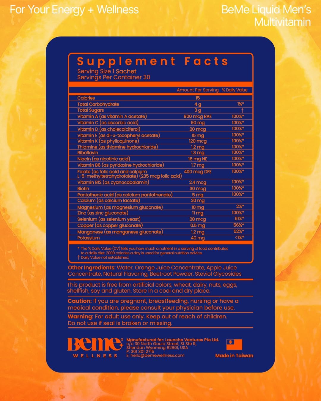 BeMe Multivitamínico Líquido para Hombres - Sistema de Administración Líquida Avanzada con 13 Vitaminas y Minerales - Sobres Individuales, No-GMO, Sabor Naranja (30 Sobres)