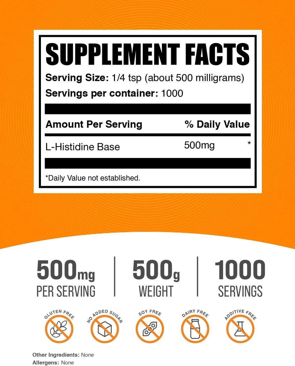 L-Histidina en Polvo - Aminoácido Esencial, 500 mg por Dosis, 500 g