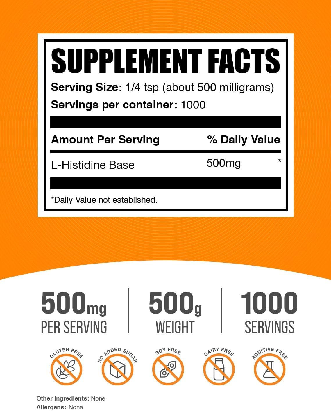 L-Histidina en Polvo - Aminoácido Esencial, 500 mg por Dosis, 500 g