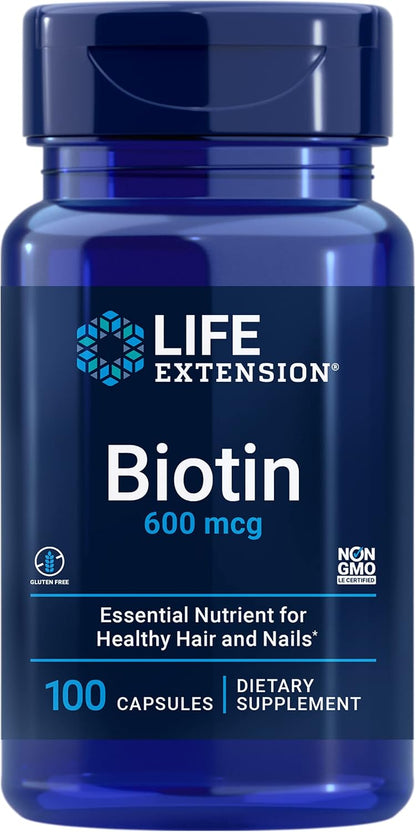 Life Extension Biotina 600 mcg - 100 Cápsulas – La biotina contribuye al metabolismo energético normal. – Image 1