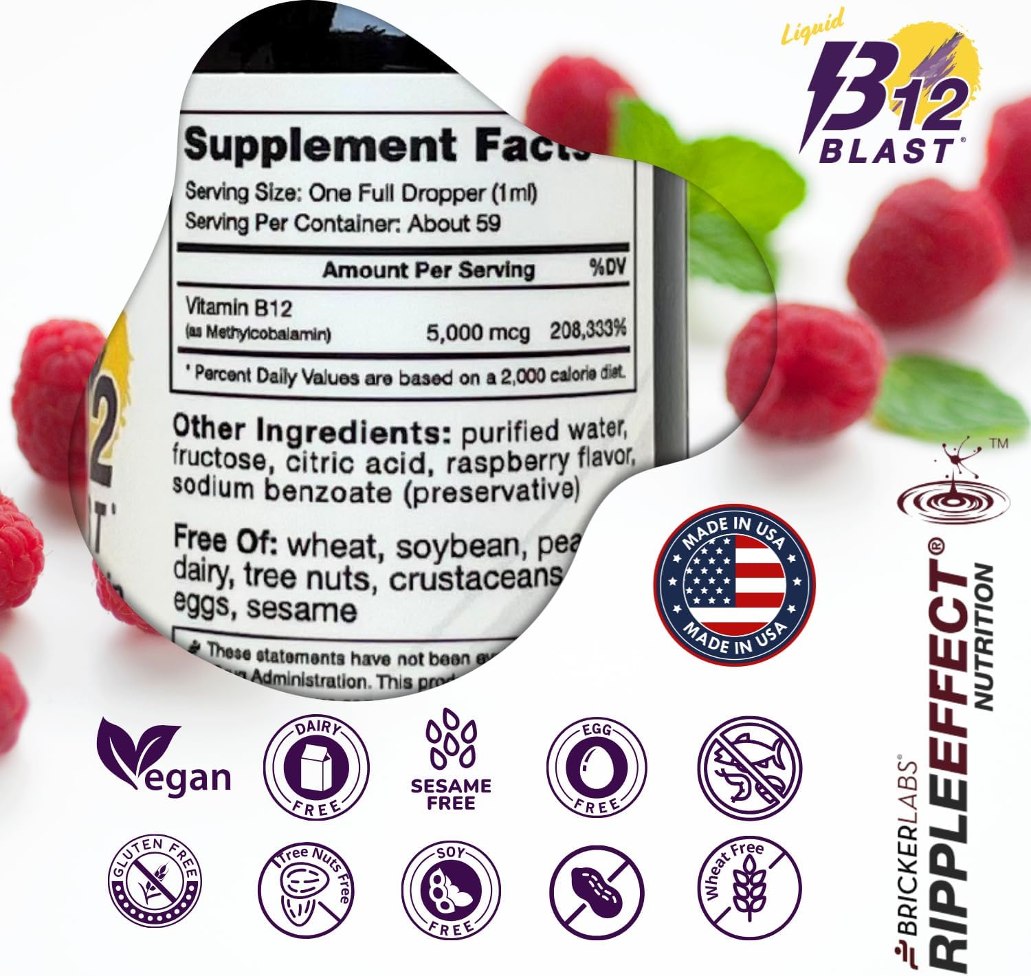 Bricker Labs B12 Blast Methylcobalamin 5000mcg, Great Tasting Sublingual Liquid Energy Vitamins -Vegan B12 Vitamins, Sustained Energy and Cellular Health Supplement - 59-Day Servings