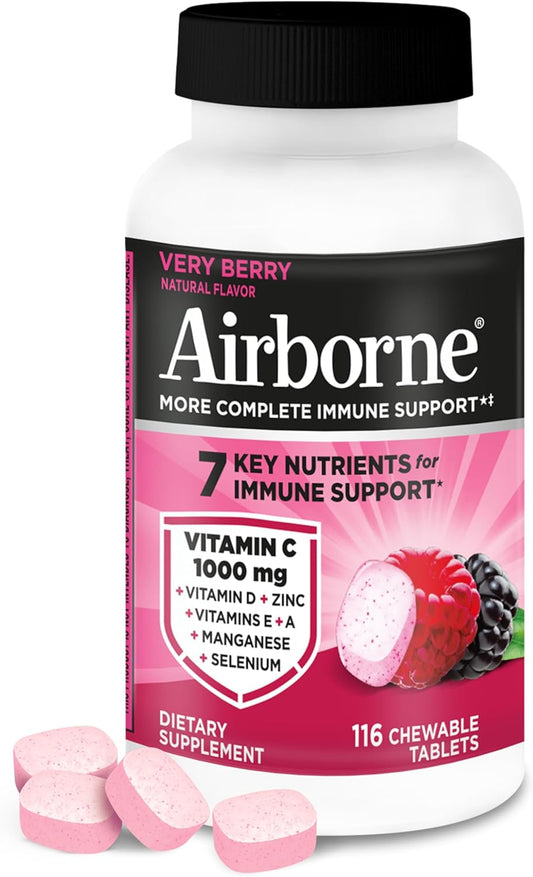 Airborne Very Berry Comprimidos Masticables - Vitamina C 1000 mg, 116 uds