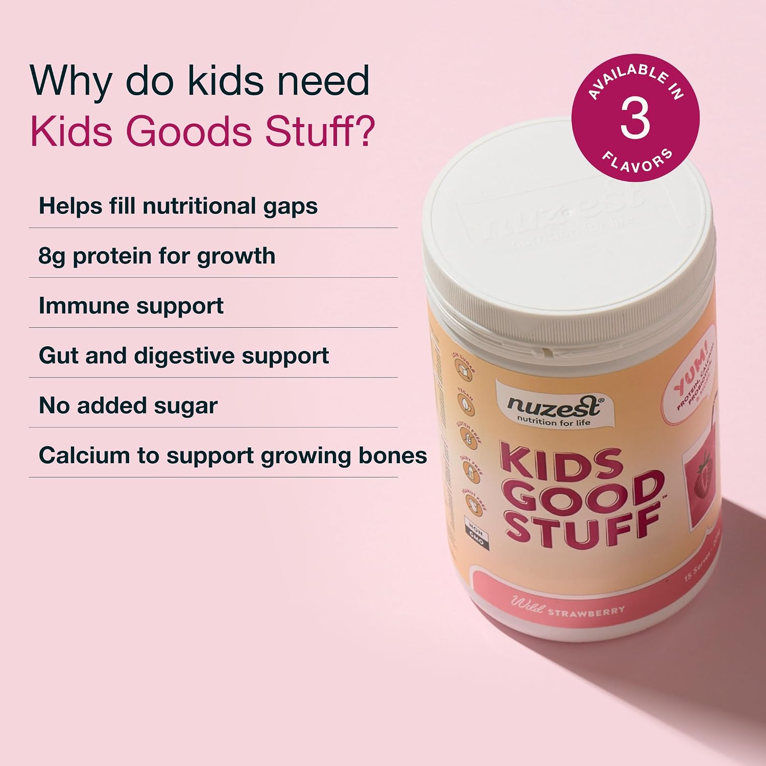Nuzest Kids Good Stuff - Batido Multivitamínico Vegano Sabor Fresa - 225g (15 raciones)