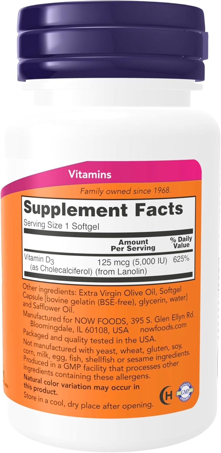 NOW Foods Vitamina D-3 5000 IU - 240 Cápsulas Blandas
