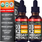 (2 Pack) Organic Vitamin D3 K2 Drops with MCT Oil & Omega 3 - Liquid Vitamin D3 5000 IU - K2 D3 Vitamin Supplement - Vitamin D Drops for Women & Men - No Fillers, Non-GMO, GMP, Citrus Flavor (2 Fl Oz)