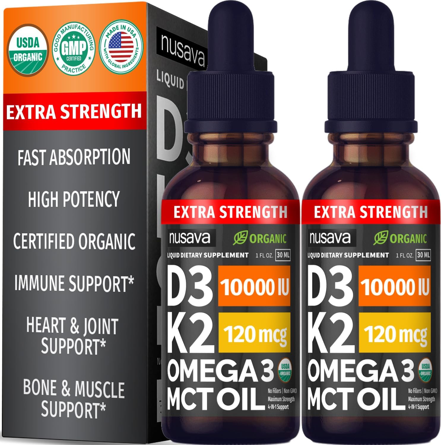 Organic Vitamin D3 K2 Drops with MCT Oil & Omega 3 - 2 Pack (Cappuccino)