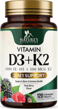 Nature's Nutrition Vitamina D3 K2 5000 UI + 100 mcg K2 MK-7, 120 Comprimidos Masticables Sabor Baya