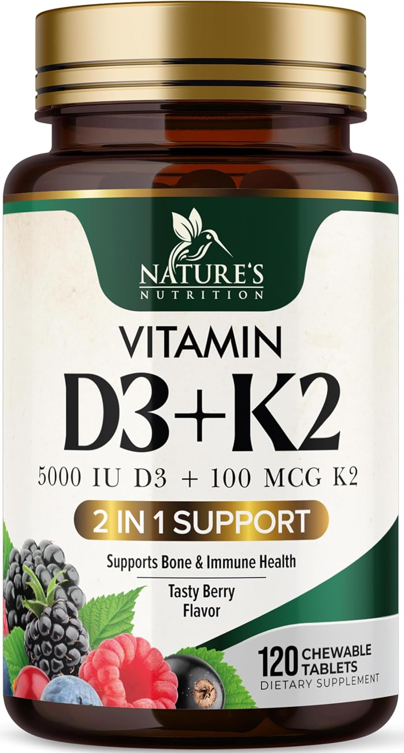Nature's Nutrition Vitamina D3 K2 5000 UI + 100 mcg K2 MK-7, 120 Comprimidos Masticables Sabor Baya