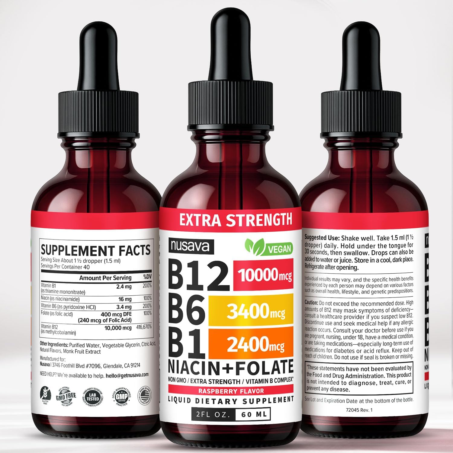 NUSAVA Complejo B12 Líquido Extra Fuerte 10000mcg - Gotas Sublinguales con Metilcobalamina, Sabor Frambuesa (Pack de 2)
