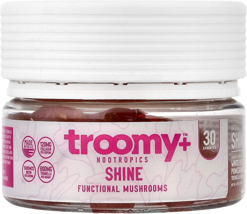 Troomy Shine Gominolas de Tremella con Biotina y Colágeno para Cabello, Piel y Uñas - Sabor Melocotón Blanco y Granada - 30 Gomitas