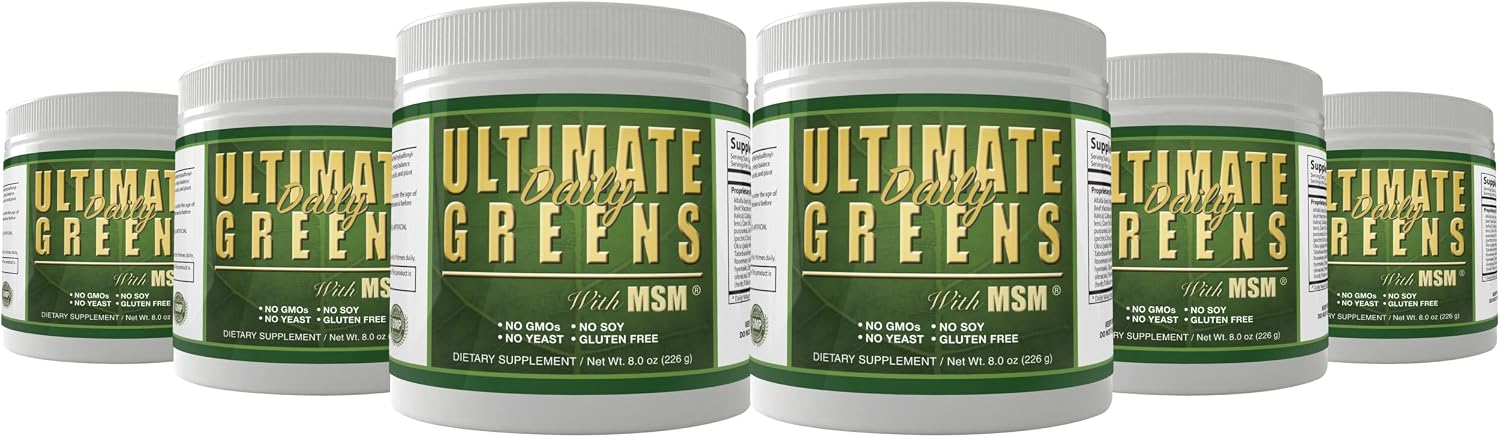 Ultimate Greens con MSM en Polvo - Superalimento Verde Vegano, 6 Paquetes (6 Meses de Suministro)