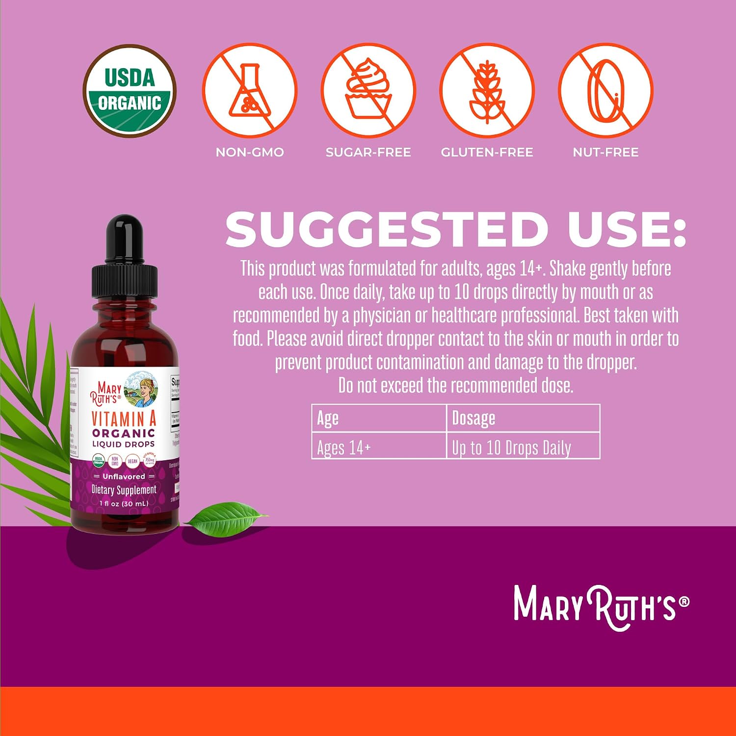 MaryRuth's Organics Gotas Líquidas Orgánicas de Vitamina A | 3 Meses de Suministro | Salud Ósea para Mayores de 14 Años | 750mcg por Ración | Sin Azúcar | Vegano | Sin OMG | Sin Gluten | 30ml