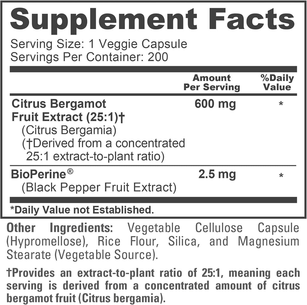 NusaPure Cápsulas de Bergamota Cítrica 600 mg, 200 Cápsulas Veganas (No-GMO, Vegano)