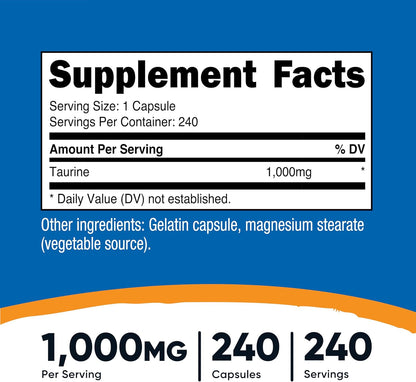 Nutricost Taurina 1000 mg - 240 Cápsulas – Image 2