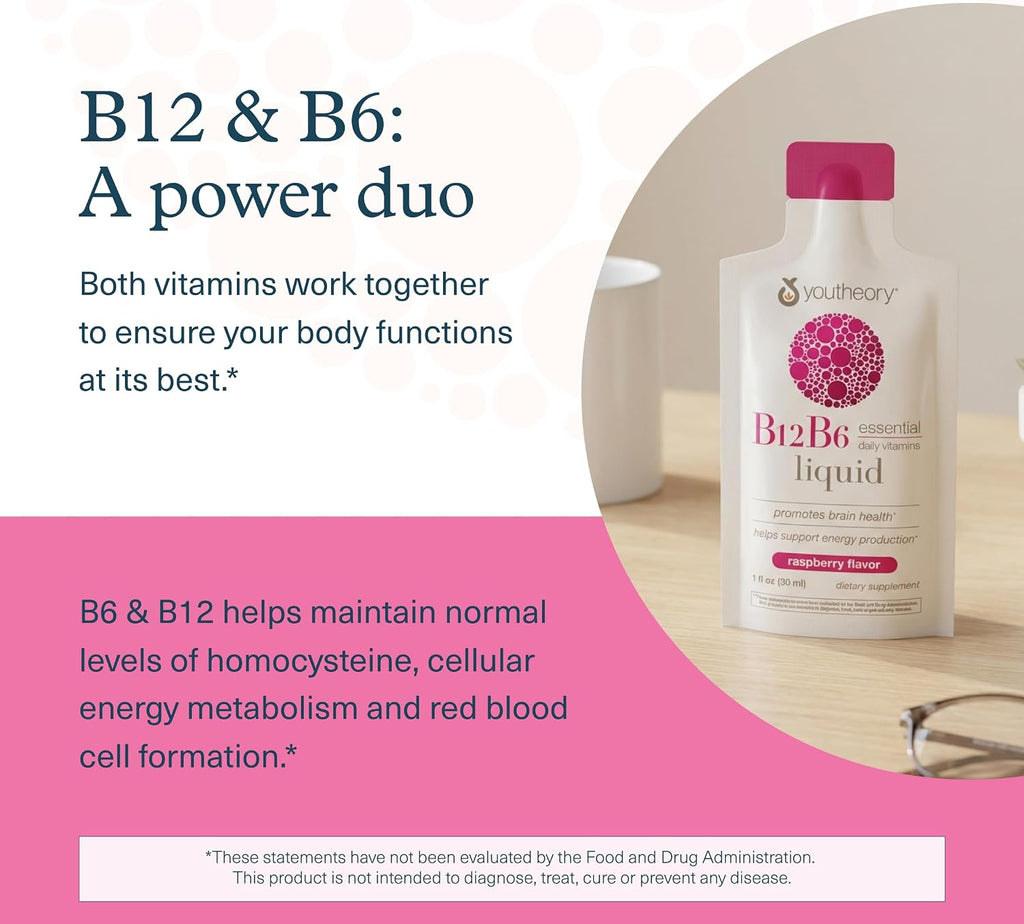 Youtheory Vitamina B12 + B6, Complemento para Energía y Apoyo Cerebral, Sabor a Frambuesa, 12 Sobres Individuales de 30 ml