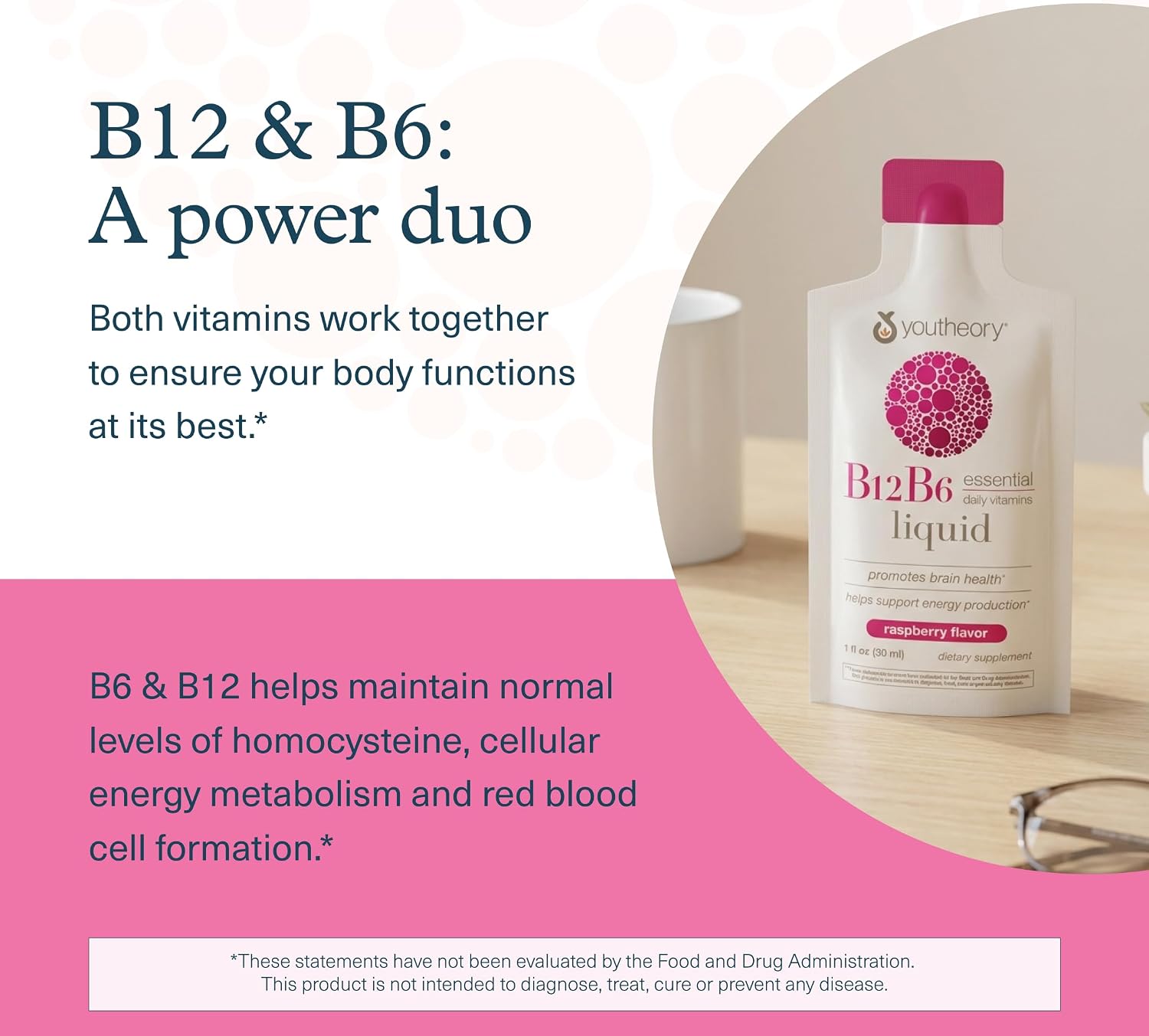 Youtheory Vitamina B12 + B6, Complemento para Energía y Apoyo Cerebral, Sabor a Frambuesa, 12 Sobres Individuales de 30 ml