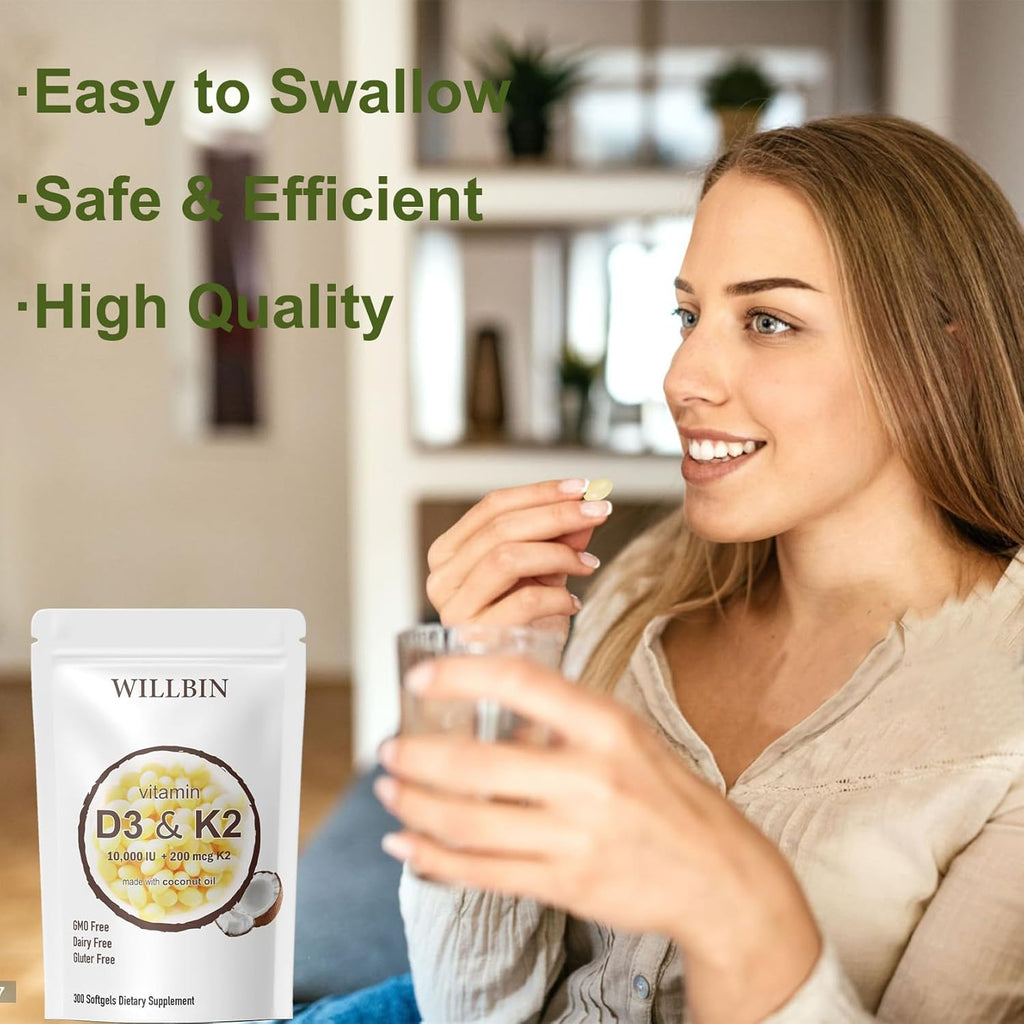 Willbin - Vitamina D3 10000 UI + K2 MK-7 200 mcg - 300 Cápsulas Blandas