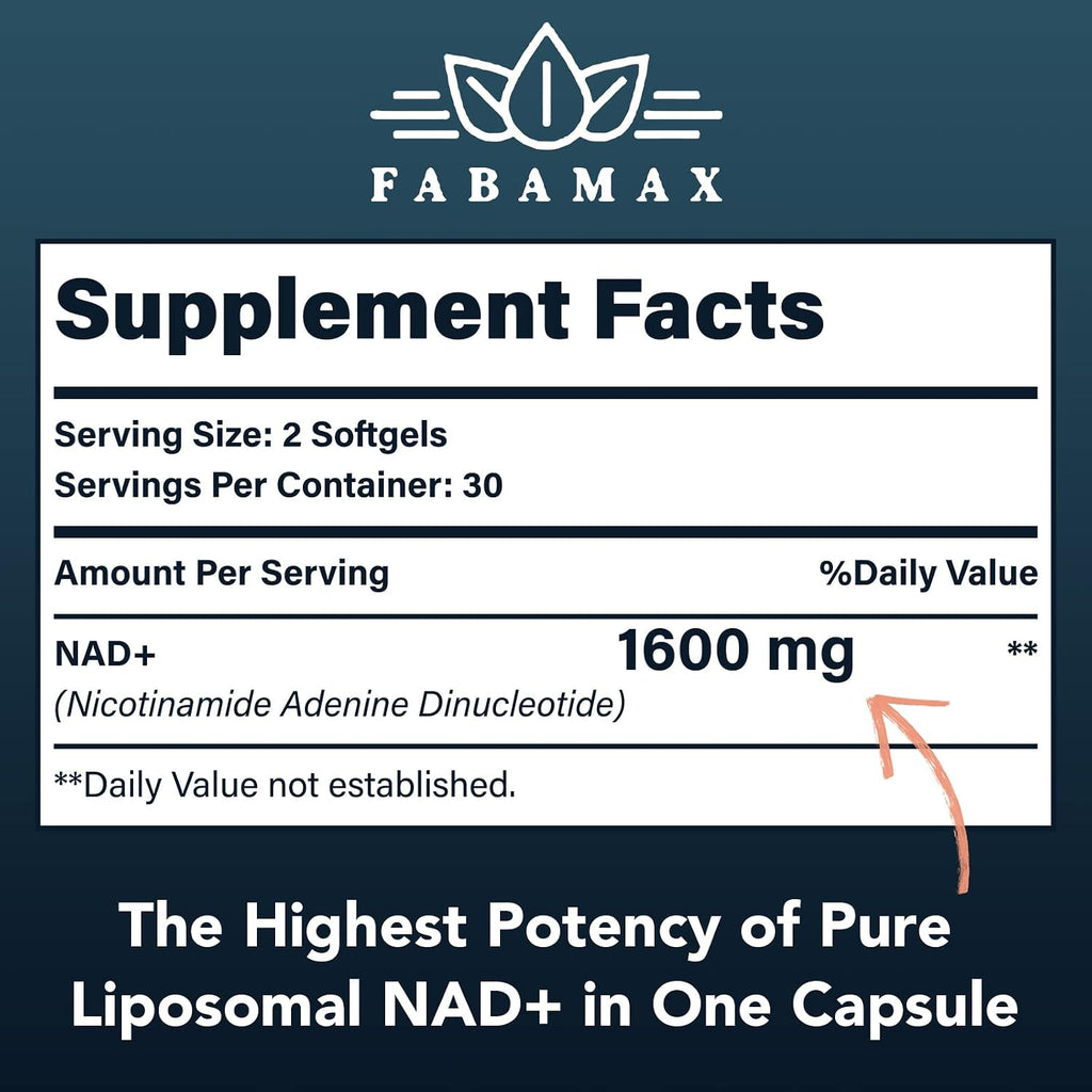 Fabamax 1600 mg Liposomal NAD+ - 98% Pureza, Absorción Superior, 120 Cápsulas Blandas