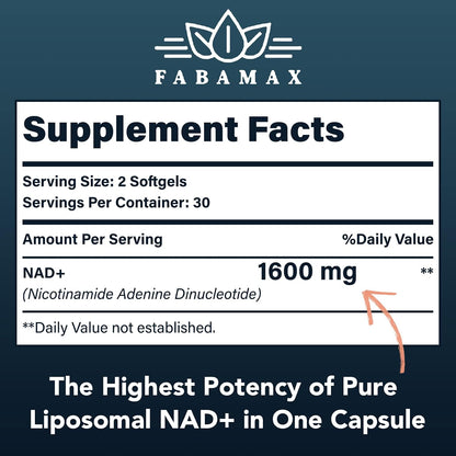 Fabamax 1600 mg Liposomal NAD+ - 98% Pureza, Absorción Superior, 120 Cápsulas Blandas – Image 2
